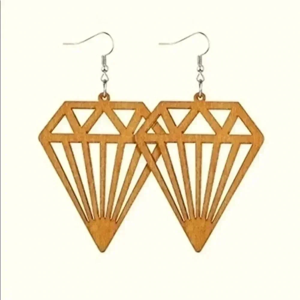 Laser Cut Classic Style Diamond Wood Wooden Drop Earrings